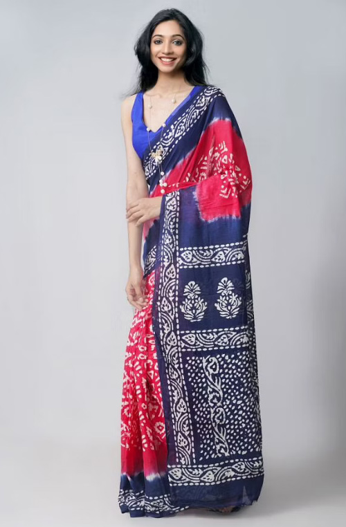 Pink And Navy Blue Saree With Blue Blouse