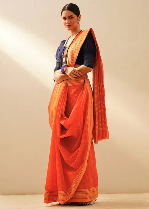 Orange Cotton Saree With Blue Blouse