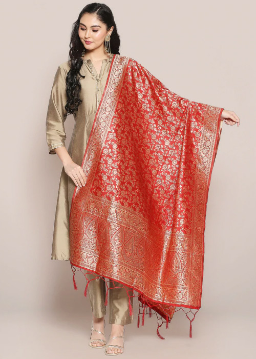 Red Banarasi Silk Dupatta