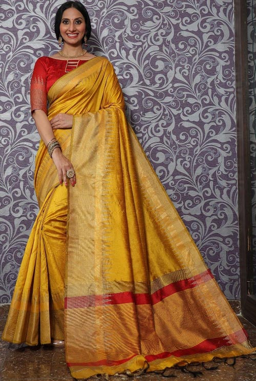 Saffron Yellow Tussar Silk Saree With Red Blouse