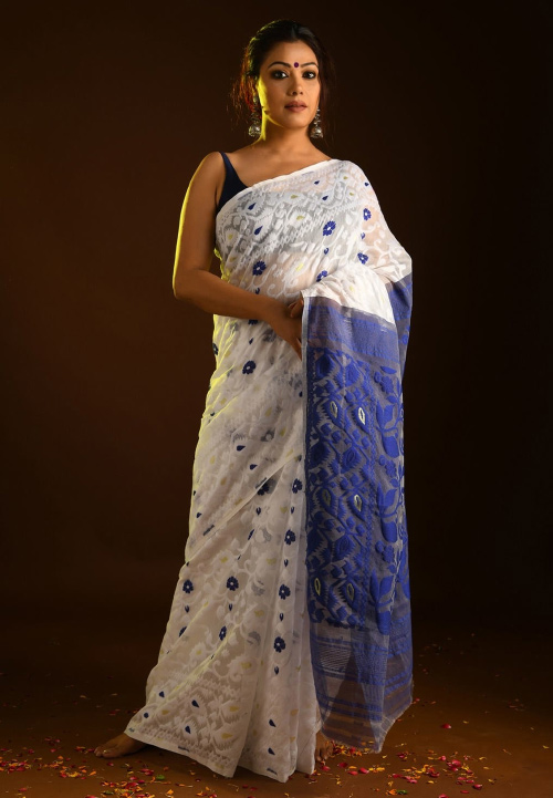White And Blue Jamdani Muslin Saree