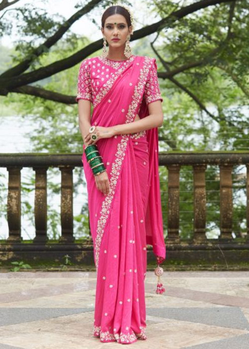 Embroidered Pink Saree With Designer Blouse