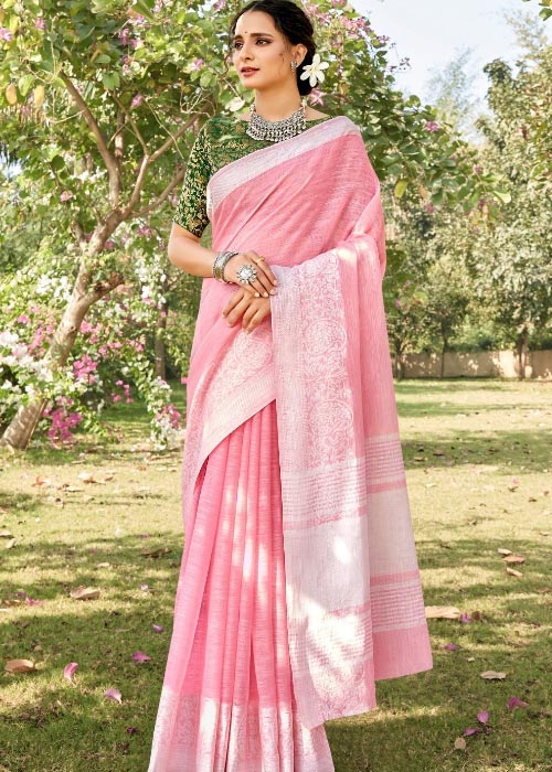 Pink Cotton Linen Saree With Green Blouse