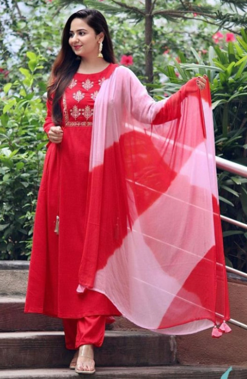 Red Kurti With Mixed Dupatta