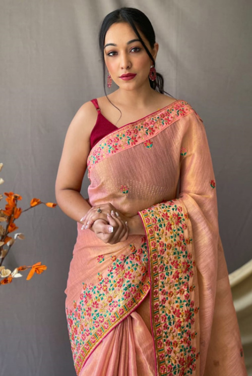 Light Pink Tussar Silk Saree With Thread Work Border