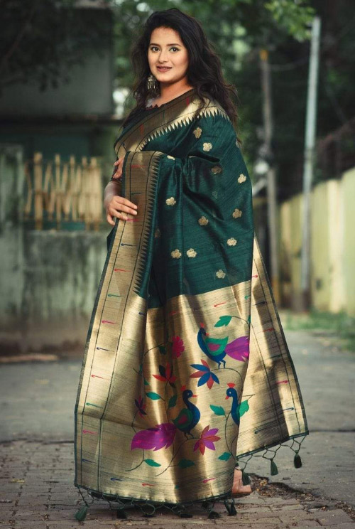 Green Tussar Silk Paithani Saree