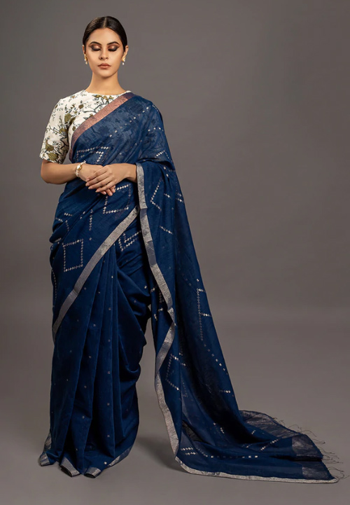 Indigo Blue Jamdani Silk Saree