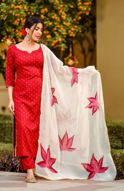 Red Kurti With White Dupatta