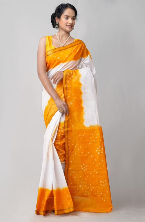 White And Yellow Half Saree With Yellow Blouse