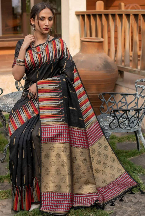 Black Tussar Silk Saree With Multicolor Border