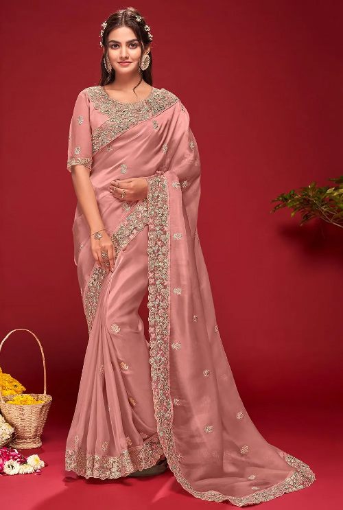 Net Saree In Rose Pink