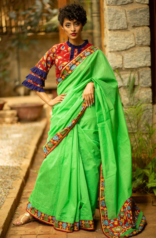 Parrot Green Saree With Maroon Blouse