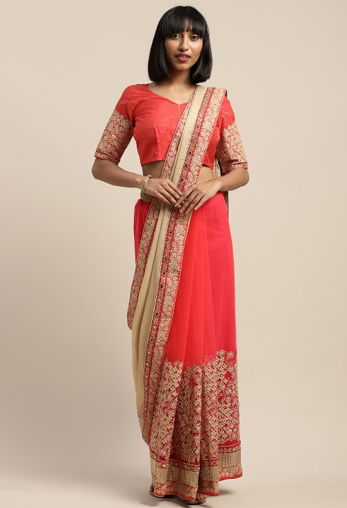 Red And Beige Half Saree