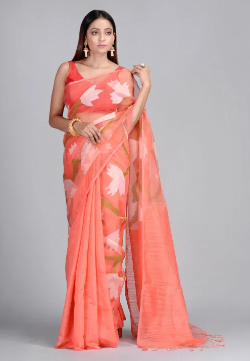 Dark Peach Jamdani Silk Saree
