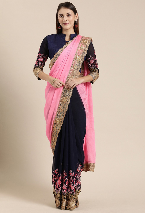 Dark Blue And Pink Half Saree