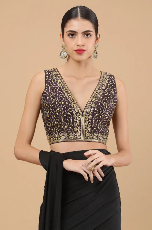 Purple Embroidered V Neck Blouse
