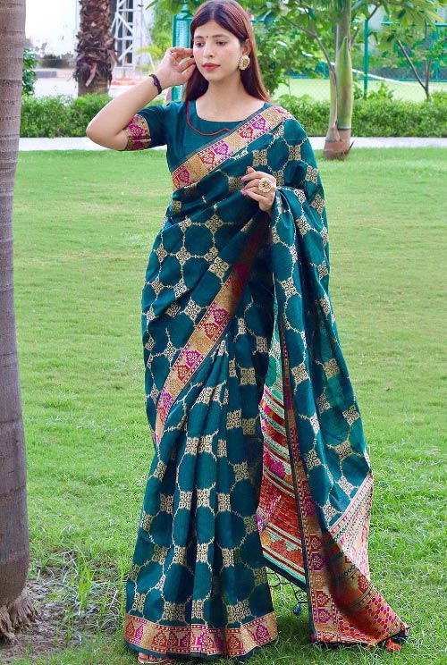 Teal Green Tussar Silk Saree