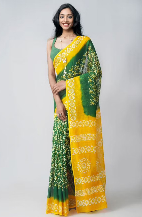 Yellow And Green Cotton Saree