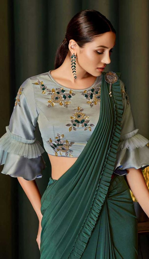 Green Saree And Grey Blouse
