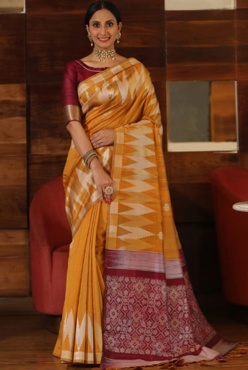 Buti Work Temple Woven Border Tussar Silk Saree