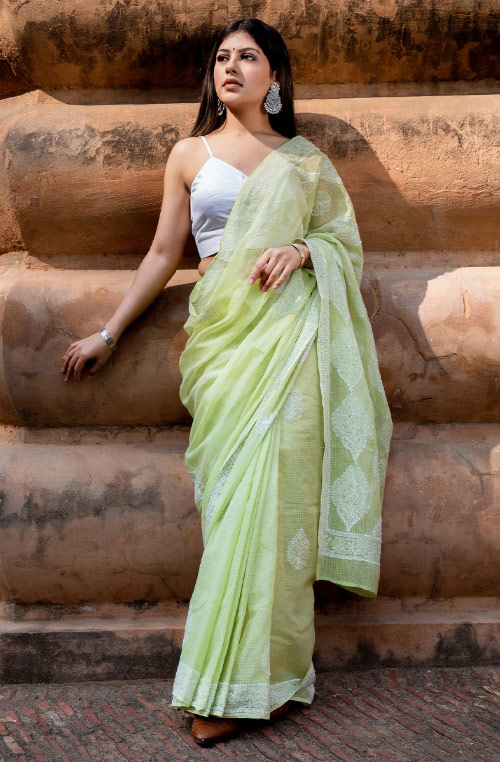 Light Green Chikankari Saree With White Bouse