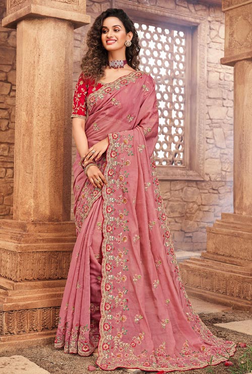 Pink Cut Border Work Saree