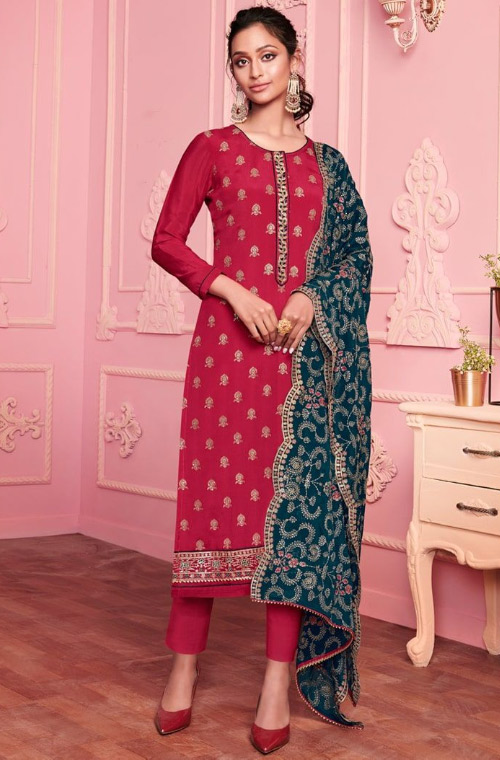 Pink Suit And Green Dupatta