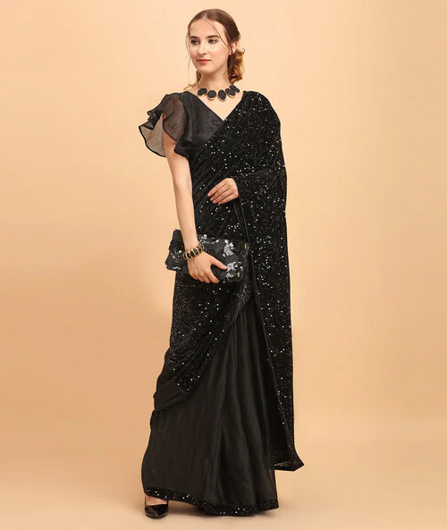 Black Half Sequined Saree