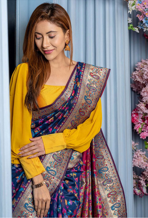 Blue Saree And Yellow Blouse