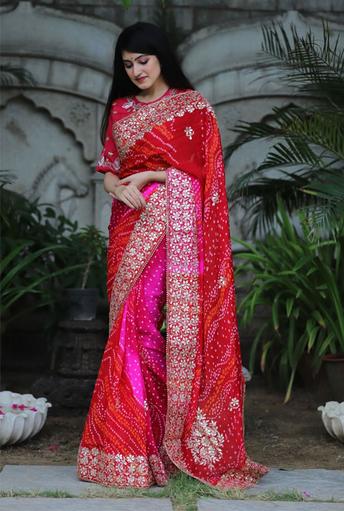 Broad Border Work Bandhani Saree