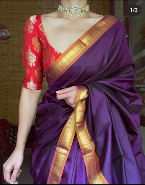 Dark Purple Saree And Red Blouse