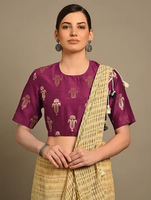 Dark Purple Wine Blouse And Beige Saree