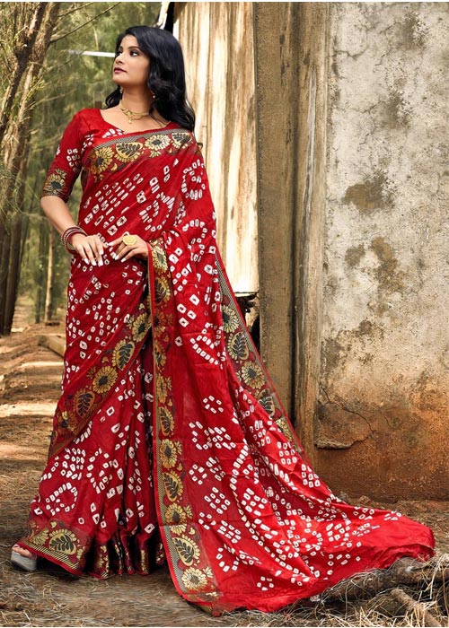 Deep Red Bandhani Saree