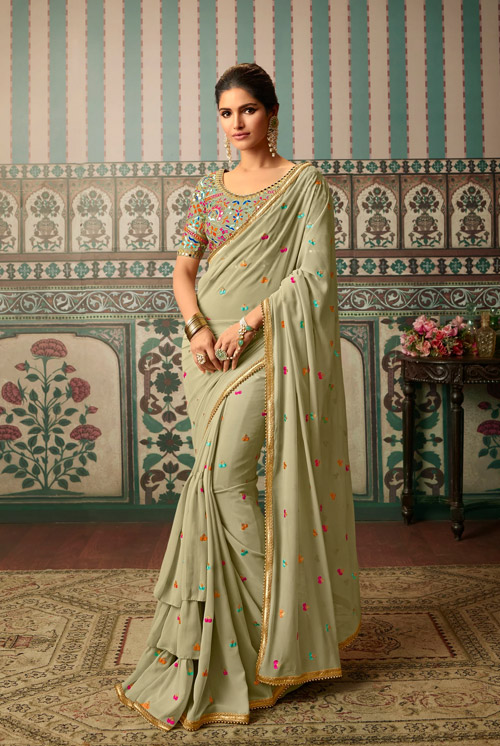 Designer Embroidered Saree In Tan