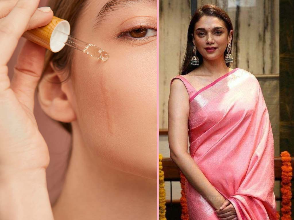 Women Applying Face Serum, Pink Saree