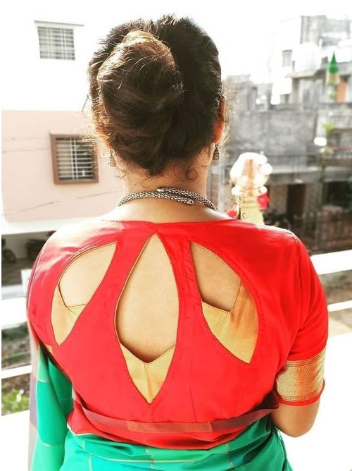 Golden And Red Back Blouse Design