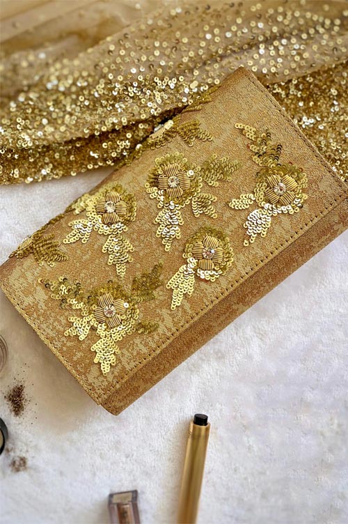 Golden Embroidered Flap Clutch
