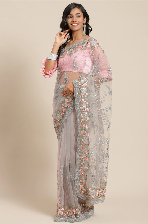 Grey Net Designer Saree