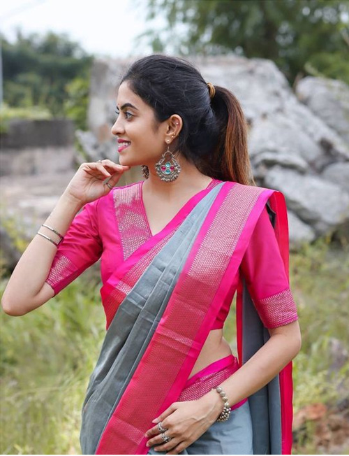 Grey Saree And Pink Blouse