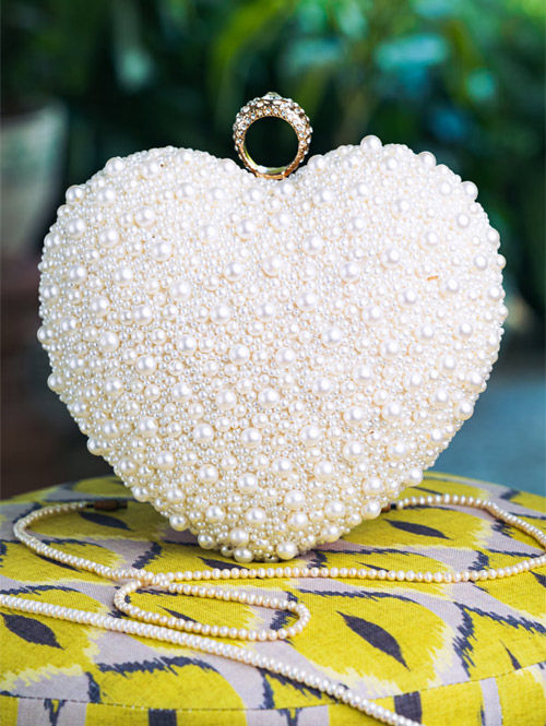 Heart Shape Pearl Work Hand Clutch