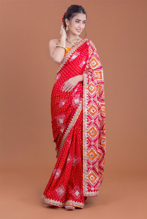 Maroon Satin Bandhani Saree