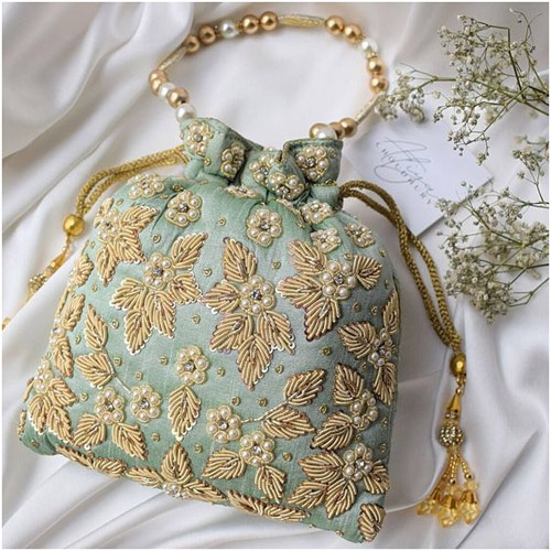 Mint Silk Embroidered Potli Bag