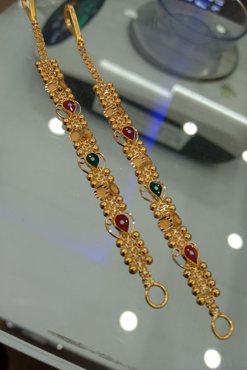 Paisley Shape Red And Green Stone Stud Gold Ear Chain