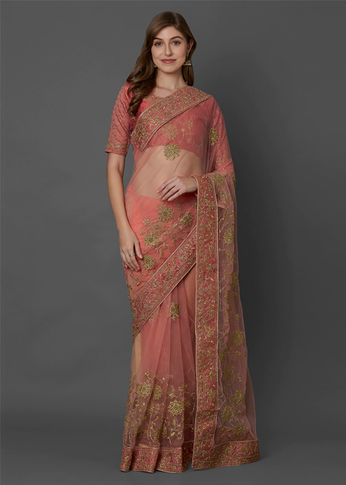 Peach Color Embroidered Net Saree