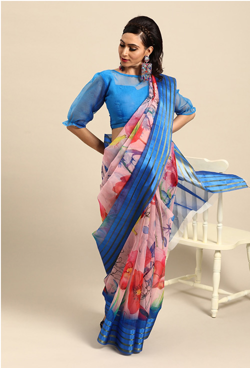Pink Saree With Blue Blouse