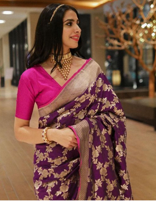 Purple Saree And Pink Blouse