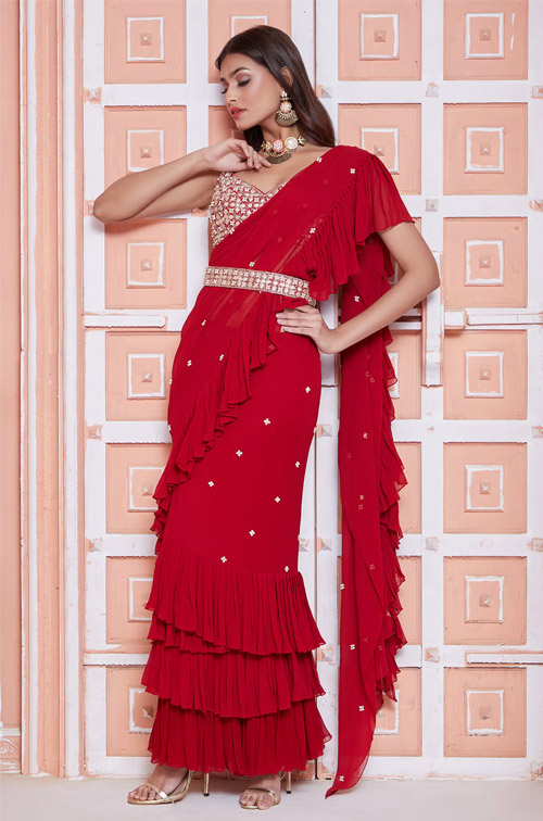 Red Pre Draped Lehenga Saree