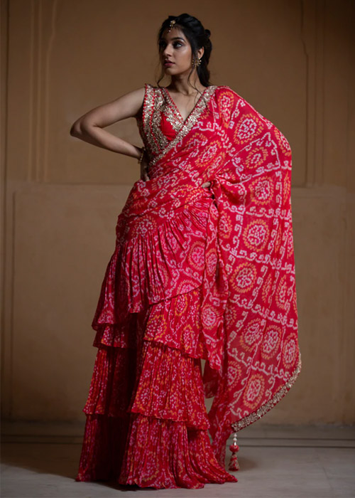 Red Ruffle Bandhni Saree