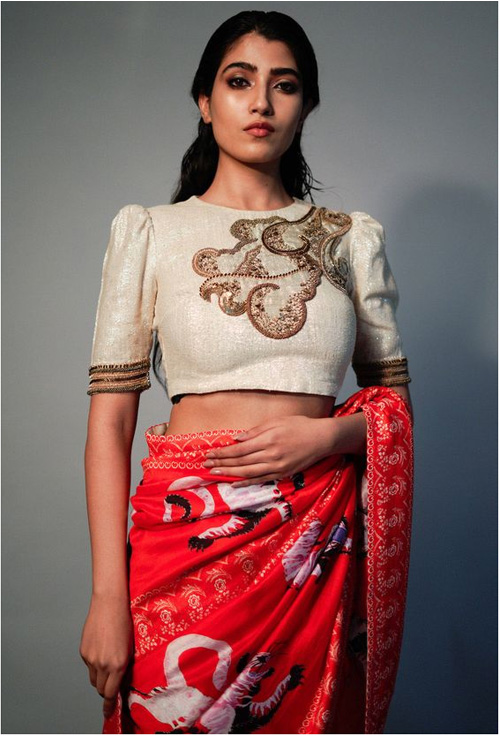 Red Saree And Champagne Gold Embroidered Blouse