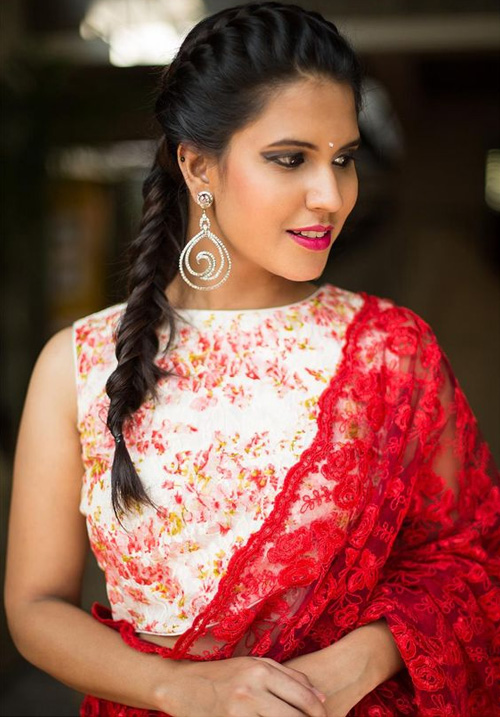Red Saree And White Floral Print Blouse